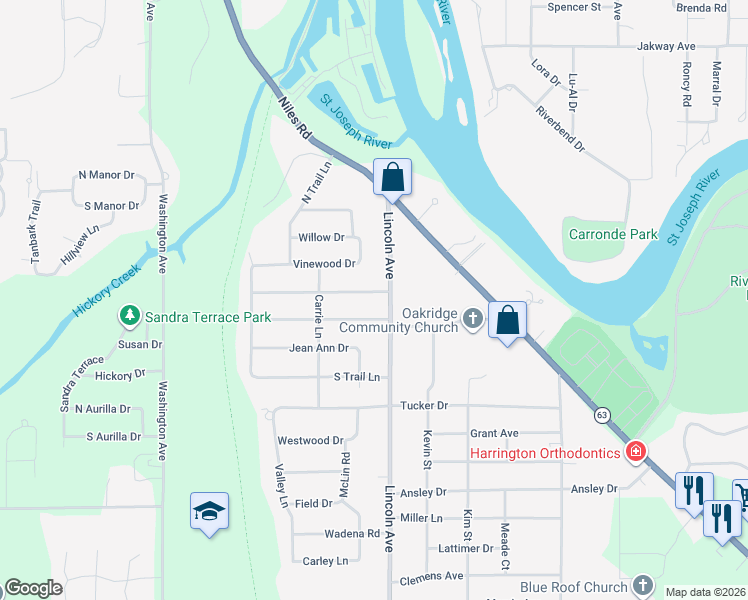 map of restaurants, bars, coffee shops, grocery stores, and more near 958 Fairlawn Road in St. Joseph