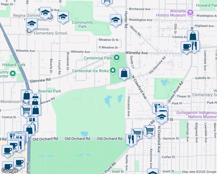 map of restaurants, bars, coffee shops, grocery stores, and more near 2403 Old Glenview Road in Wilmette