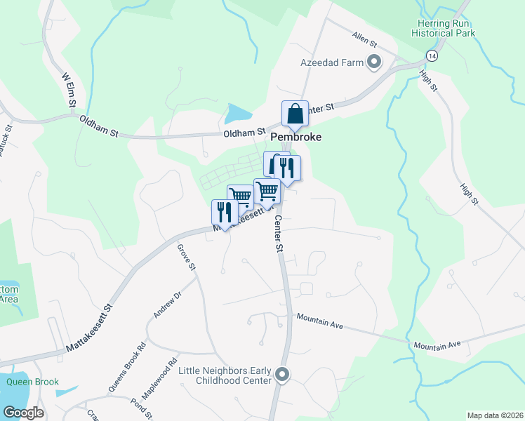 map of restaurants, bars, coffee shops, grocery stores, and more near 14 Mattakeesett Street in Pembroke