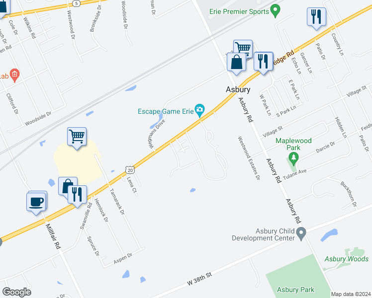 map of restaurants, bars, coffee shops, grocery stores, and more near 2722 Carleton Court in Erie