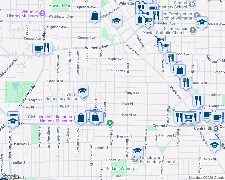 map of restaurants, bars, coffee shops, grocery stores, and more near 2717 Ewing Avenue in Evanston