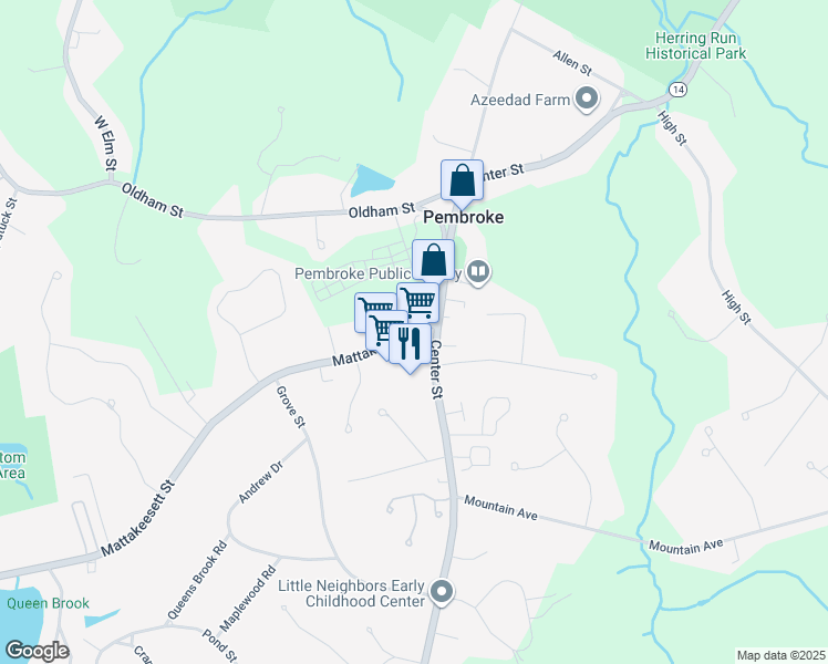 map of restaurants, bars, coffee shops, grocery stores, and more near 14 Mattakeesett Street in Pembroke