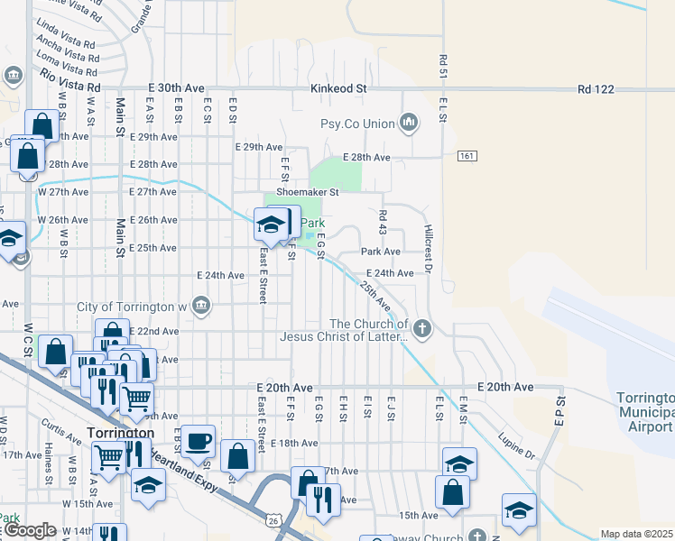 map of restaurants, bars, coffee shops, grocery stores, and more near 2249 East H Street in Torrington