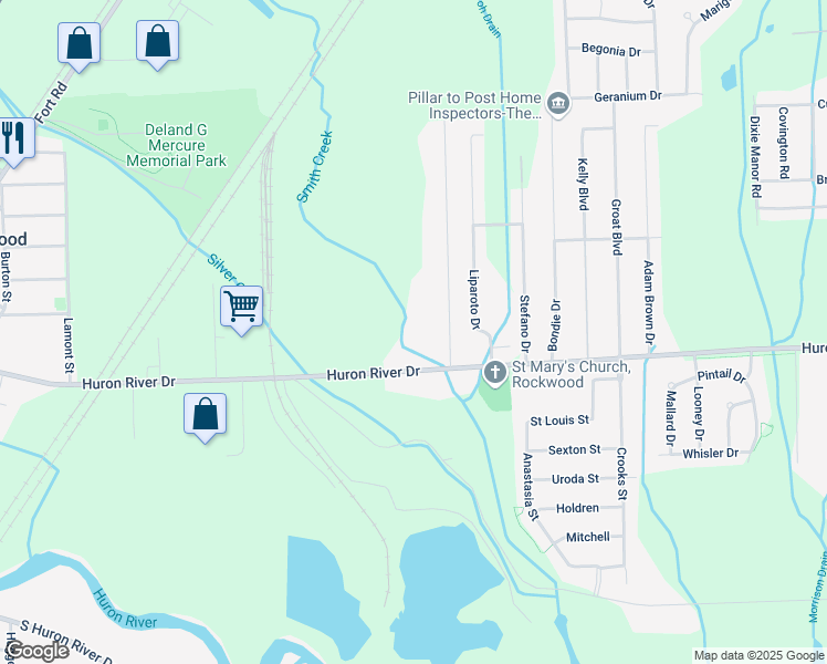 map of restaurants, bars, coffee shops, grocery stores, and more near 20330 Huron River Drive in Rockwood