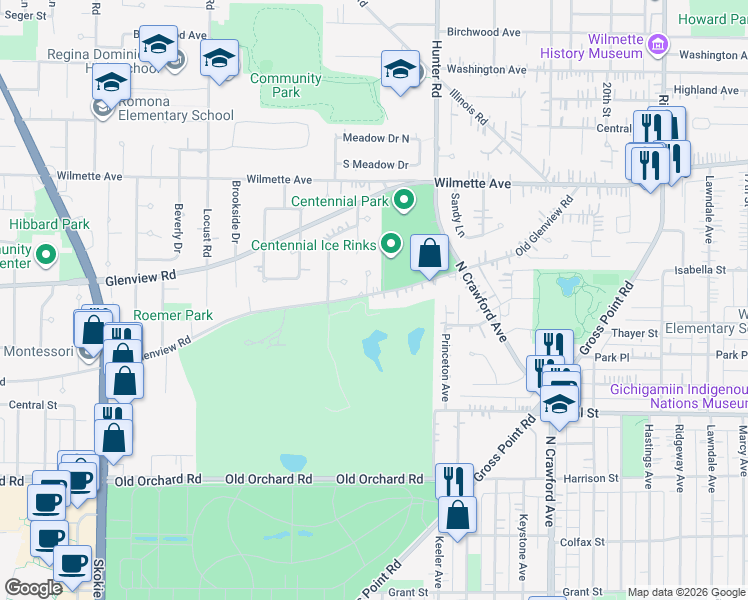 map of restaurants, bars, coffee shops, grocery stores, and more near 2403 Old Glenview Road in Wilmette