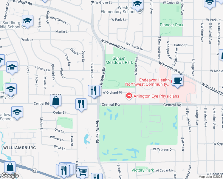 map of restaurants, bars, coffee shops, grocery stores, and more near 1633 West Orchard Place in Arlington Heights