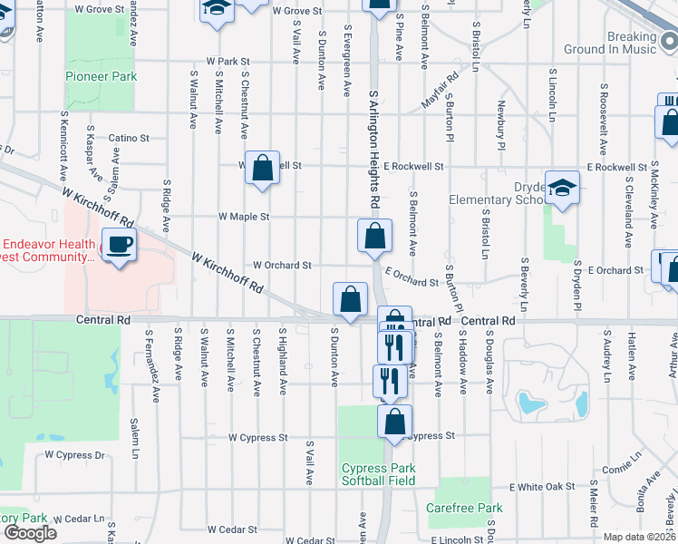 map of restaurants, bars, coffee shops, grocery stores, and more near 926 South Evergreen Avenue in Arlington Heights