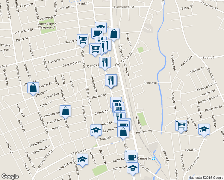 map of restaurants, bars, coffee shops, grocery stores, and more near 880 Main Street in Brockton