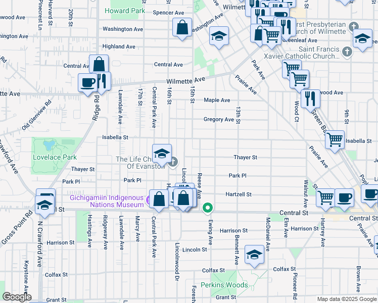 map of restaurants, bars, coffee shops, grocery stores, and more near 2760 Lincolnwood Drive in Evanston