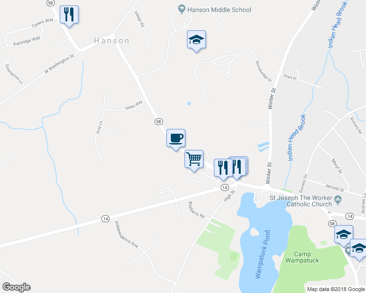 map of restaurants, bars, coffee shops, grocery stores, and more near 321 Liberty Street in Hanson