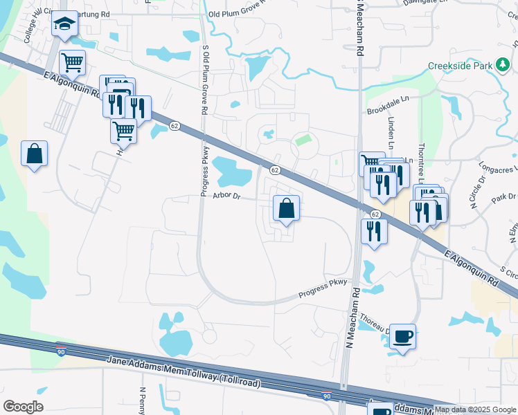 map of restaurants, bars, coffee shops, grocery stores, and more near 2325 Parkside Drive in Schaumburg