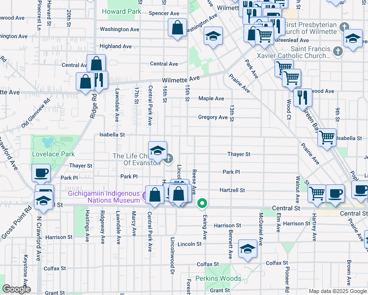 map of restaurants, bars, coffee shops, grocery stores, and more near 2760 Lincolnwood Drive in Evanston