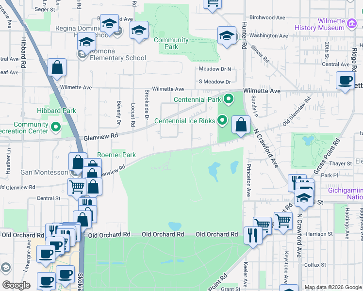 map of restaurants, bars, coffee shops, grocery stores, and more near 326 East Wilshire Drive in Wilmette