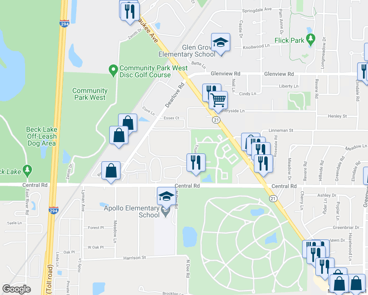 map of restaurants, bars, coffee shops, grocery stores, and more near 10389 Forum Square in Glenview