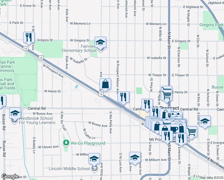 map of restaurants, bars, coffee shops, grocery stores, and more near 111 North Fairview Avenue in Mount Prospect