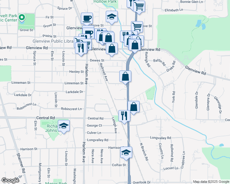 map of restaurants, bars, coffee shops, grocery stores, and more near 1725 Linneman Street in Glenview