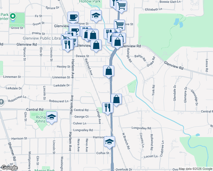 map of restaurants, bars, coffee shops, grocery stores, and more near 1725 Linneman Street in Glenview