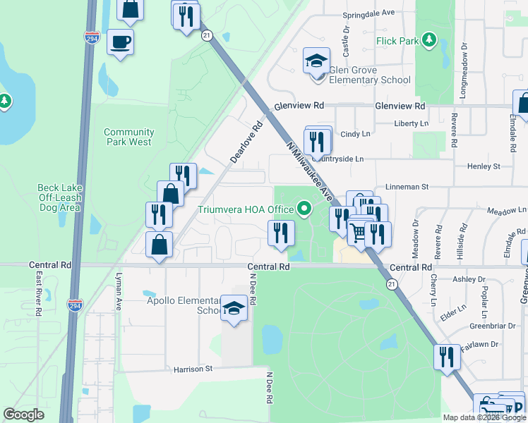 map of restaurants, bars, coffee shops, grocery stores, and more near 10389 Forum Square in Glenview