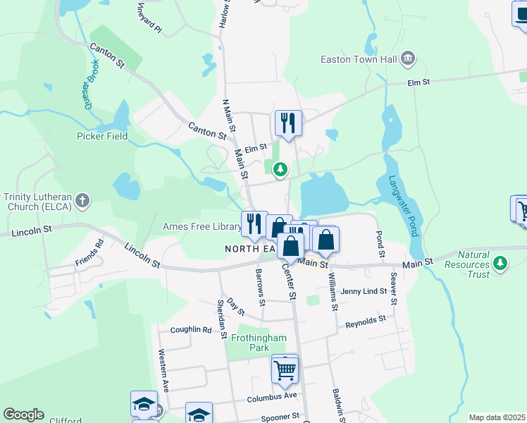 map of restaurants, bars, coffee shops, grocery stores, and more near 50 Main Street in Easton