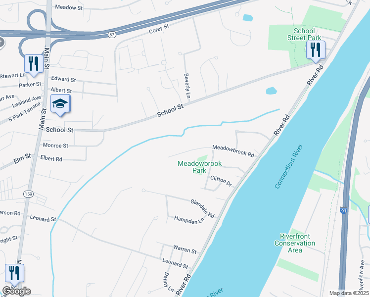 map of restaurants, bars, coffee shops, grocery stores, and more near 139 Meadowbrook Road in Agawam