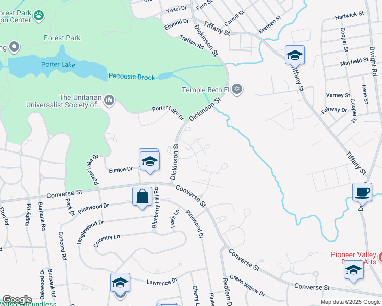 map of restaurants, bars, coffee shops, grocery stores, and more near 38 Yorktown Drive in Springfield