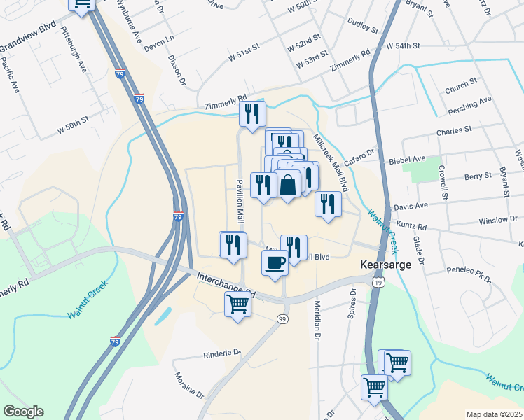 map of restaurants, bars, coffee shops, grocery stores, and more near Millcreek Plaza Erie in Erie