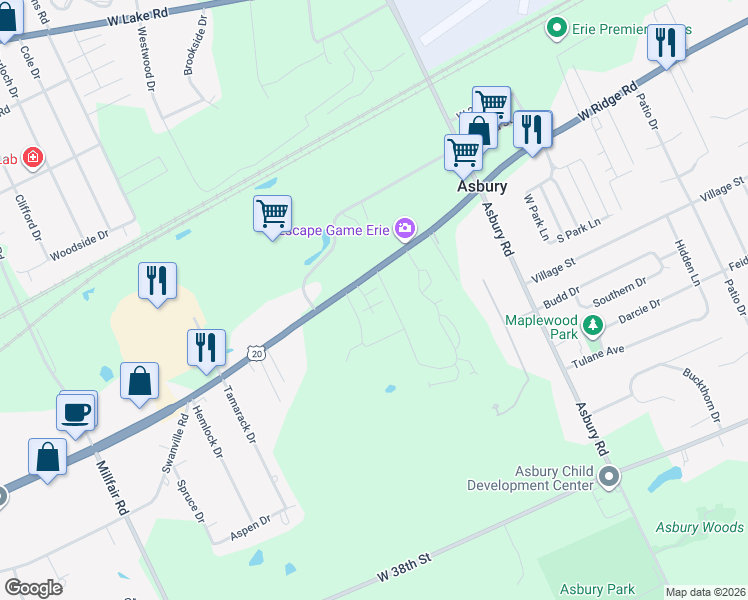 map of restaurants, bars, coffee shops, grocery stores, and more near 2742 Carleton Court in Erie