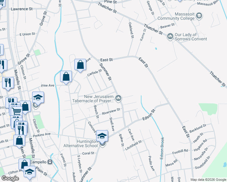 map of restaurants, bars, coffee shops, grocery stores, and more near 365 Summer Street in Brockton