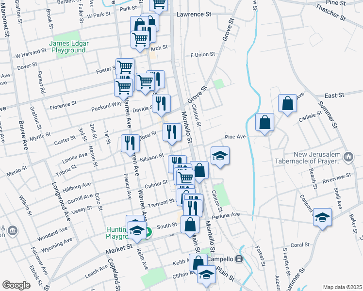 map of restaurants, bars, coffee shops, grocery stores, and more near 21 Grand Street in Brockton