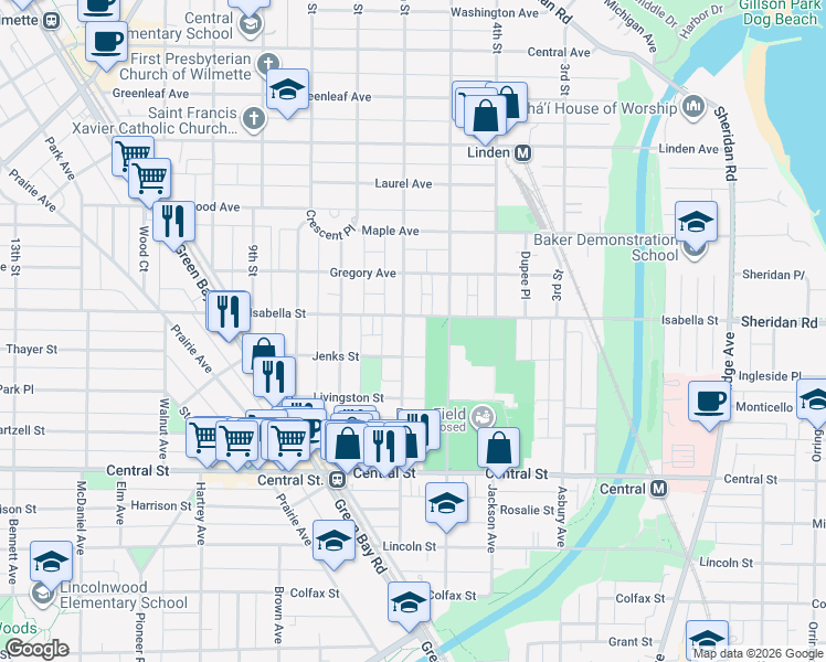 map of restaurants, bars, coffee shops, grocery stores, and more near 514 Isabella Street in Wilmette