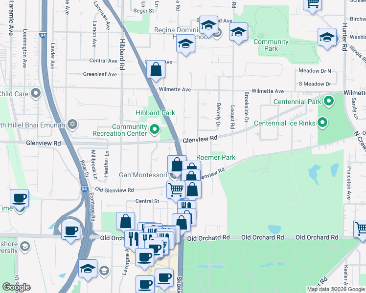 map of restaurants, bars, coffee shops, grocery stores, and more near in Wilmette