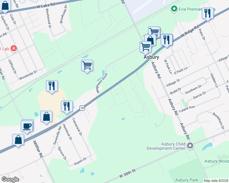 map of restaurants, bars, coffee shops, grocery stores, and more near 2710 Carleton Court in Erie