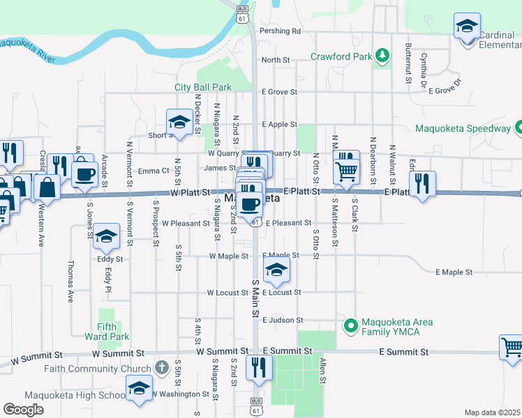 map of restaurants, bars, coffee shops, grocery stores, and more near 129 South Main Street in Maquoketa