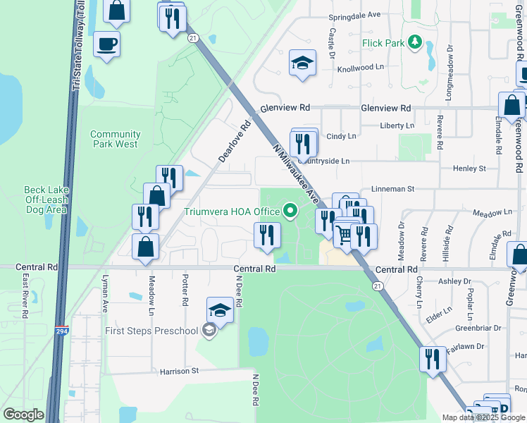 map of restaurants, bars, coffee shops, grocery stores, and more near 4107 Florence Way in Glenview
