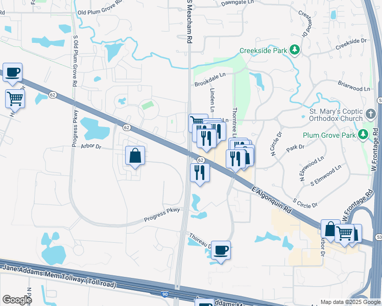 map of restaurants, bars, coffee shops, grocery stores, and more near E Algonquin Rd & N Meacham Rd in Schaumburg