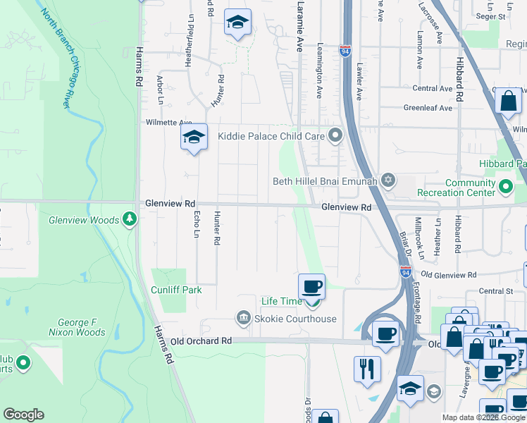 map of restaurants, bars, coffee shops, grocery stores, and more near 800 Glenwood Road in Glenview