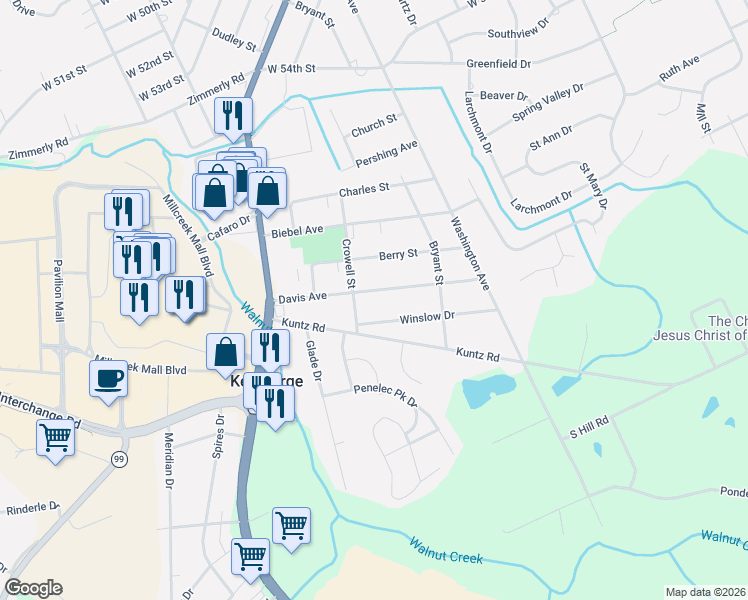 map of restaurants, bars, coffee shops, grocery stores, and more near 1660 Davis Ave in Erie