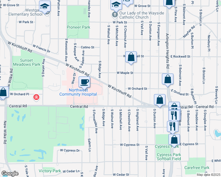 map of restaurants, bars, coffee shops, grocery stores, and more near 410 West Kirchhoff Road in Arlington Heights