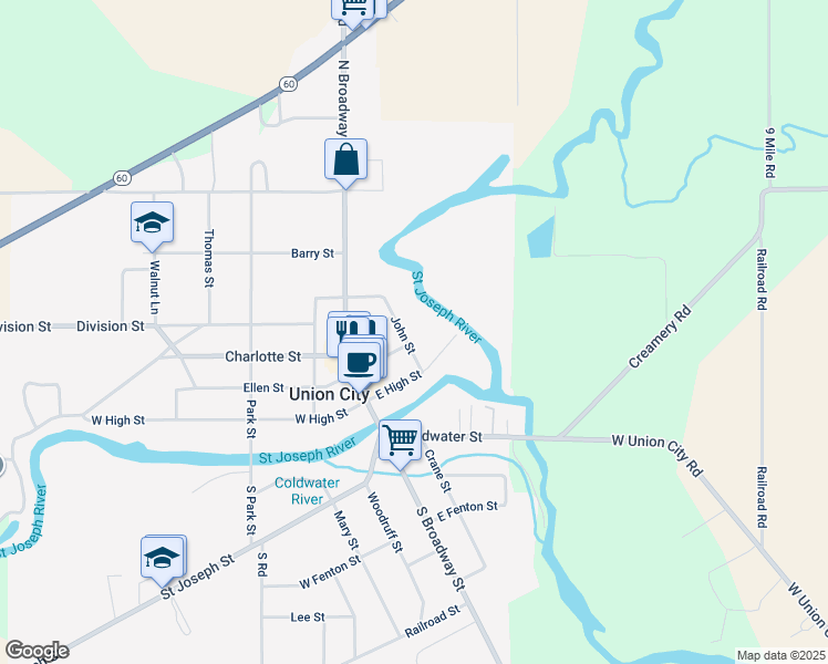 map of restaurants, bars, coffee shops, grocery stores, and more near 402 John Street in Union City