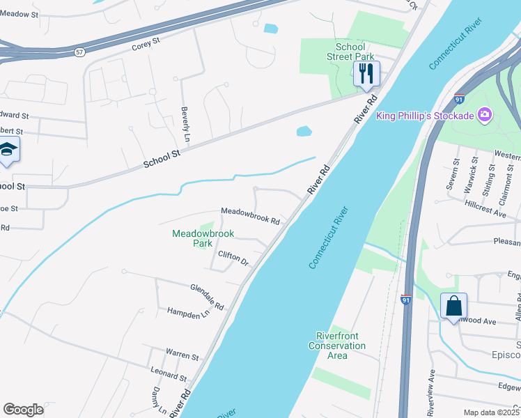 map of restaurants, bars, coffee shops, grocery stores, and more near 75 Simpson Circle in Agawam