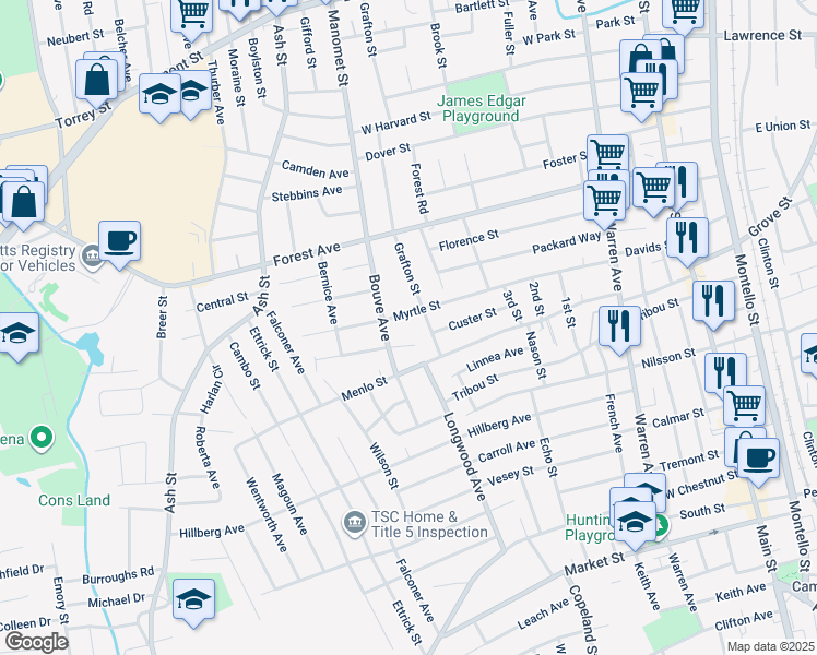 map of restaurants, bars, coffee shops, grocery stores, and more near 187 Myrtle Street in Brockton