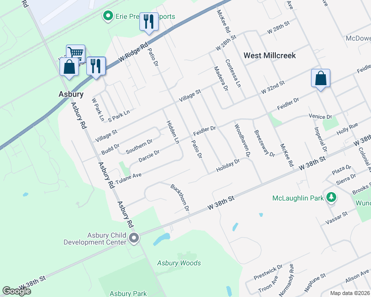 map of restaurants, bars, coffee shops, grocery stores, and more near 4439 Feidler Dr in Erie