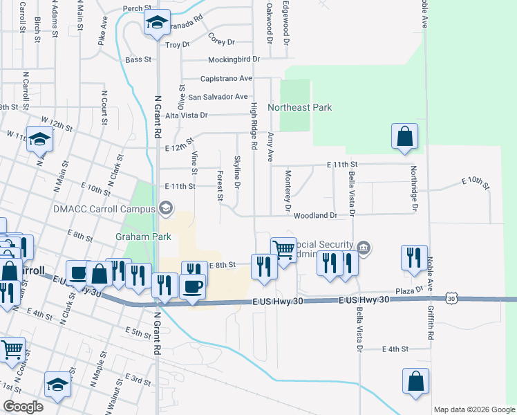map of restaurants, bars, coffee shops, grocery stores, and more near 1029 Amy Ave in Carroll