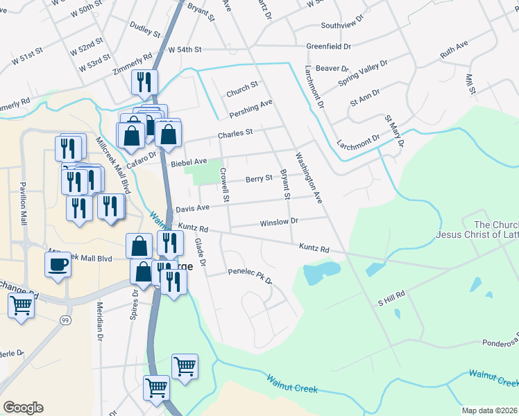 map of restaurants, bars, coffee shops, grocery stores, and more near 1626 Davis Ave in Erie