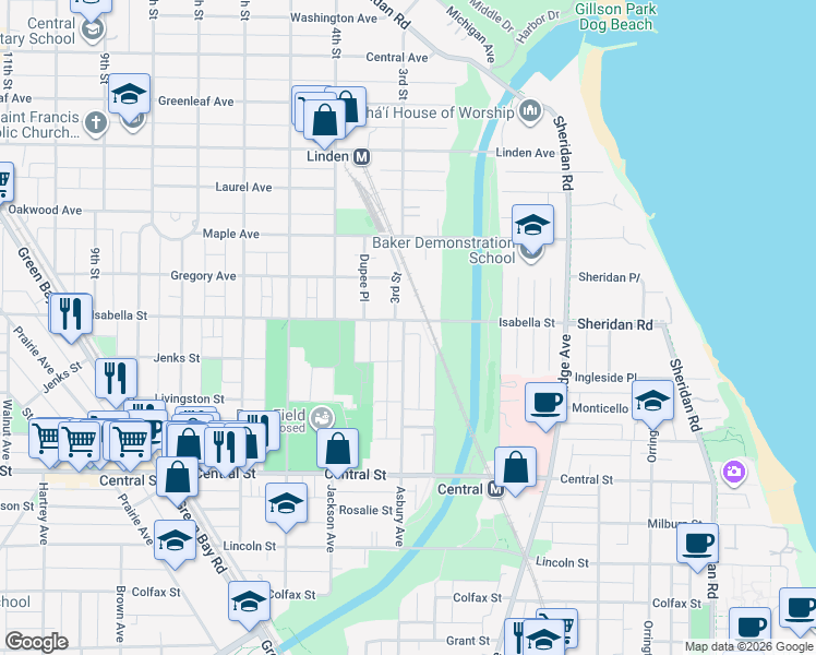 map of restaurants, bars, coffee shops, grocery stores, and more near 1221 Isabella Street in Evanston