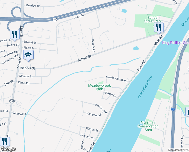 map of restaurants, bars, coffee shops, grocery stores, and more near 139 Meadowbrook Road in Agawam