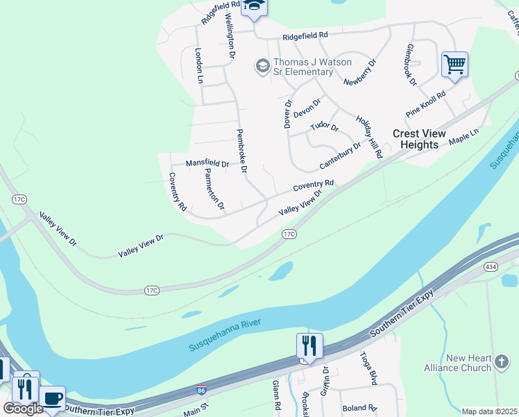 map of restaurants, bars, coffee shops, grocery stores, and more near 34 Coventry Road in Endicott