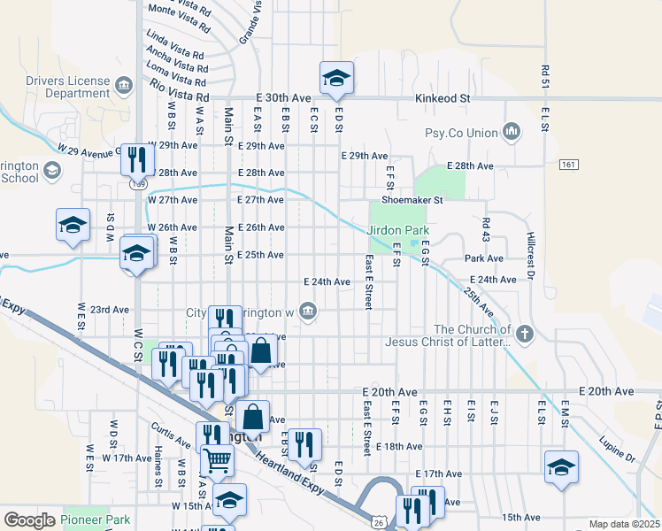 map of restaurants, bars, coffee shops, grocery stores, and more near 435 East 25th Avenue in Torrington