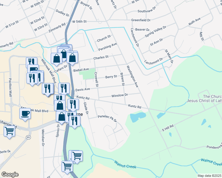 map of restaurants, bars, coffee shops, grocery stores, and more near 1626 Davis Ave in Erie
