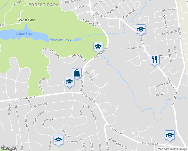 map of restaurants, bars, coffee shops, grocery stores, and more near 74 Yorktown Drive in Springfield